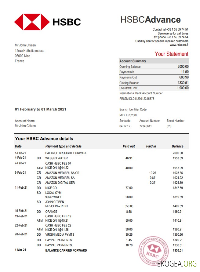 Modèle de relevé bancaire France HSBC au format Excel et PDF